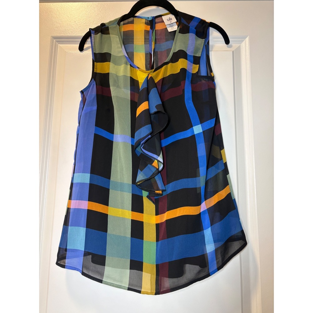 Cabi Womens Sleeveless Ruffle Front Plaid Blouse - XS‎